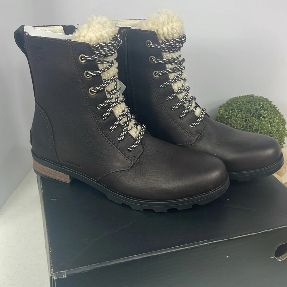 SOREL Emelie Shearling Short Lace-Up Leather Boots Blacken Brown-Sz 8.5